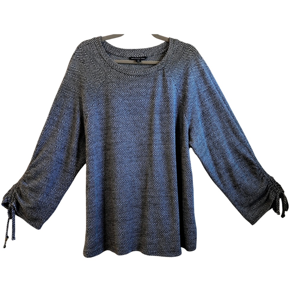Zac & Rachel Womens 2X Chic Black White Chevron Herringbone Tie Sleeve Knit Top